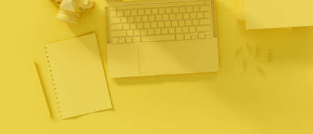 Yellow workplace with laptop computer, notebook, camera and stationery. remote work. monochrome. Top view, Flat lay. 3d rendering, 3d illustrationの写真素材