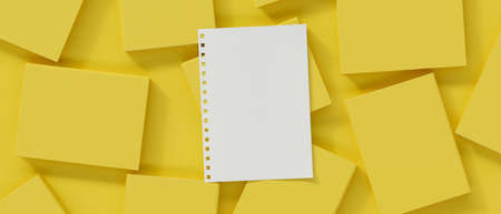Blank white paper mockup on yellow abstract background. paper note. monochrome yellow colour. 3d rendering, 3d illustrationの写真素材