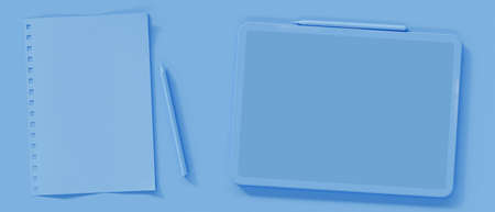 Blue digital tablet touchscreen mockup with blue stylus pen and paper on blue background. monochrome blue colour. 3d rendering, 3d illustrationの写真素材