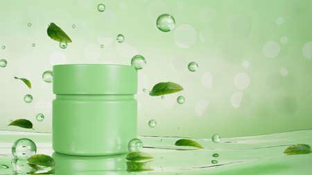 Mockup jar of cream in stylish green background. beauty skin care packaging, body, hands cream packaging. 3d rendering, 3d illustrationの写真素材