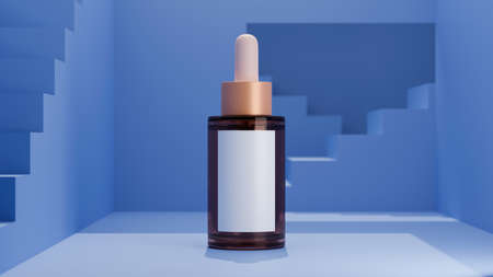 Face serum bottle with white label mockup stand on blue abstract background. beauty product mockup. 3d rendering, 3d illustrationの写真素材