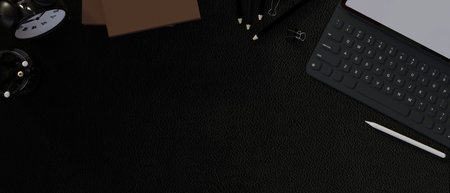Modern black workspace with copy space, tablet computer and stationery. Top view, flat lay. 3d rendering, 3d illustrationの写真素材