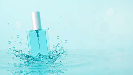 Perfume spray bottle mockup with water splash on blue background with copy space. fresh and clean, unisex fragrance. 3d rendering, 3d illustrationの写真素材