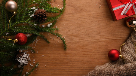 Special festive background, Christmas theme with copy space on wooden background. gift box. top view, flat layの写真素材