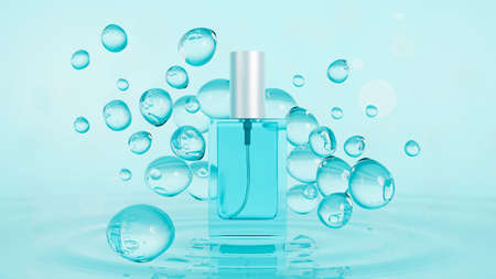 Blue perfume bottle mockup with bubbles on blue background. unisex perfume packaging. 3d rendering, 3d illustrationの写真素材
