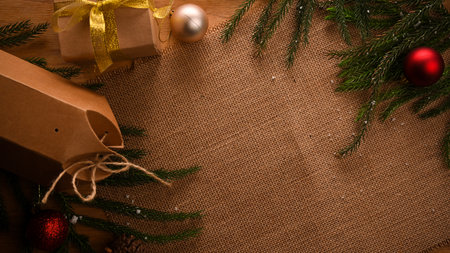 Beautiful Christmas background with copy space, Christmas tree, gift boxes. special festive. top view, flat layの写真素材