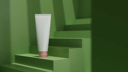 Skin care white tube mockup packaging on modern green stage. hand cream, body lotion, face cleansing, natural product. 3d rendering, 3d illustrationの写真素材