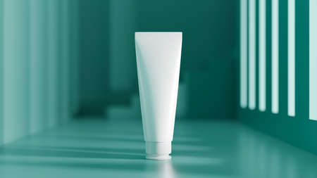 White tube skin care packaging mockup stand over blurred green abstract background. 3d rendering, 3d illustrationの写真素材