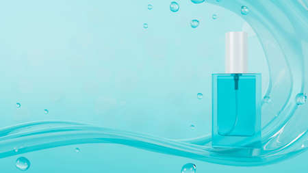 Perfume bottle mockup with copy space on blue aqua water background. freshness scent. 3d rendering, 3d illustrationの写真素材