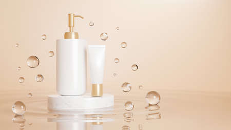 White shampoo, liquid soap or body lotion bottle mockup and white tube mockup on a podium in beige background. 3d rendering, 3d illustrationの写真素材