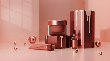 Set of luxury skincare mockup with a jar of cream, plastic tube, serum dropper bottle and a stylish box on red background. 3d rendering, 3d illustrationの写真素材