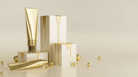 Mockup of a luxury golden skincare plastic tube with copy space on light beige background. Body lotion, cosmetics. 3d rendering, 3d illustrationの写真素材