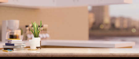 Marble tabletop with stack of books and copy space for product display over blurred room interior background. 3d rendering, 3d illustrationの写真素材