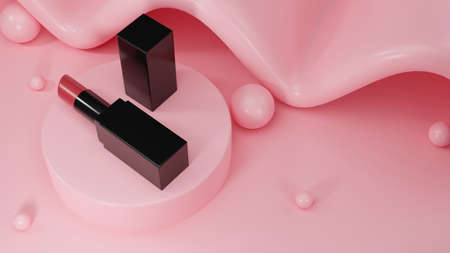 Lipstick packaging mockup on pink pedestal in pink graphic abstract background. cosmetic branding poster. 3d rendering, 3d illustrationの写真素材