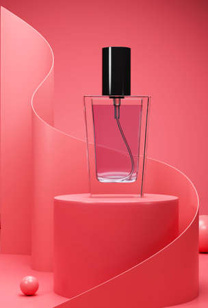 Luxury cosmetic ads concept. Perfume bottle mockup stand on red pedestal with graphic abstract...