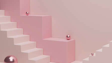 Abstract geometric pink stairs, modern minimal pastel stairs for product presentation. steps, stage, stairs. 3d rendering, 3d illustrationの写真素材