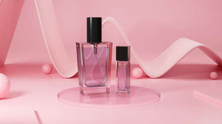 Stylish abstract background for product presentation. Pink perfume bottle on pink background. beauty cosmetic concept. 3d rendering, 3d illustration.の写真素材