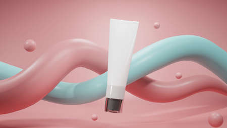 White tube mockup on pastel abstract geometric background. skincare lotion, cream, treatment packaging. product presentation. 3d rendering, 3d illustrationの写真素材