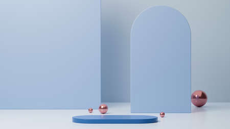 Minimal blue pedestal for product presentation with blue geometric shapes in the background. scene with podium, banner ads. 3d rendering, 3d illustrationの写真素材