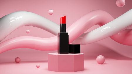 Red lipstick in black packaging mockup on pink pedestal over abstract geometric pastel pink background. cosmetic beauty product presentation. 3d rendering, 3d illustrationの写真素材