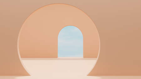 Circle and arch door in orange pastel background. product presentation, scene for product display. Modern display design concept. 3d rendering, 3d illustrationの写真素材