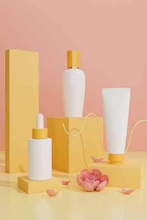 Beauty cosmetic product banner concept. Template of skincare bottle mockup with droplet, bottle and tube on pedestal over pink background. 3d rendering, 3d illustrationの写真素材