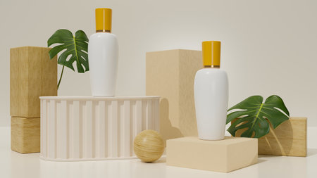 Minimal organic beauty skincare packaging banner with white bottle on pedestal with green leaves and white background. 3d rendering, 3d illustrationの写真素材