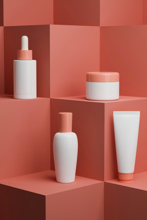 Beauty cosmetics skincare packaging mockup on pink pedestal and background. dropper, bottle, jar and tube. template for your product banner. 3d rendering, 3d illustrationの写真素材