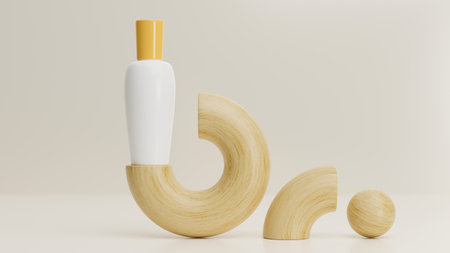 Minimal serum bottle mockup on abstract geometric shapes pedestal on white background. beauty product advertising. 3d rendering, 3d illustrationの写真素材