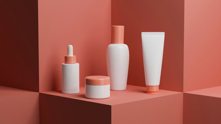 Set of a minimal beauty product packaging on pink square pedestal. skincare bottle, jar, dropper and tube mockup. 3d rendering, 3d illustrationの写真素材