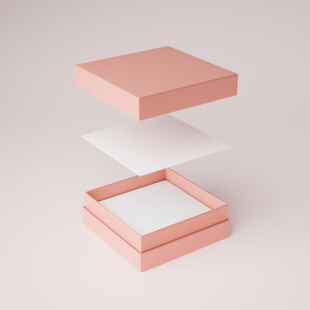 An open pink pastel paper box mockup on white background. empty box for your product presentation. 3d rendering, 3d illustrationの写真素材