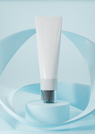 White tube skincare lotion mockup on blue abstract geometric background. beauty product banner. 3d rendering, 3d illustrationの写真素材