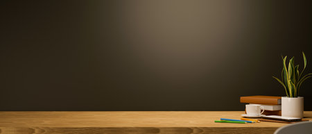 Copy space for montage your product display on wooden table with stationery over black background. 3d rendering, 3d illustrationの写真素材