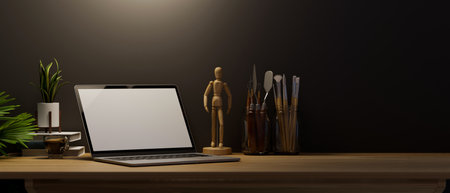 Modern dark workspace with laptop computer, accessories and copy space on wooden table over black wallpaper. 3d rendering, 3d illustrationの写真素材