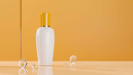 Stylish beauty skincare product bottle mockup on yellow background. face serum, treatment bottle. 3d rendering, 3d illustrationの写真素材