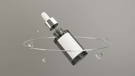 Beauty products container, ads banner with modern serum dropper bottle on grey background. droplet, pipette, collagen, moisturiser. 3d rendering, 3d illustrationの写真素材