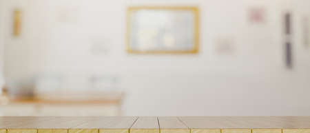 Copy space on wooden tabletop for montage your product presentation over blurred living room in the background. 3d rendering, 3d illustrationの写真素材