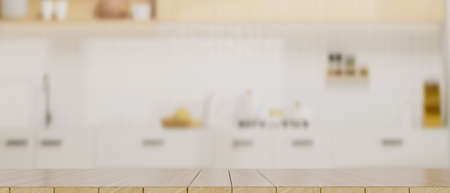 Copy space on wooden tabletop or dining table for montage your product display on blurred kitchen space in the background. 3d rendering, 3d illustrationの写真素材