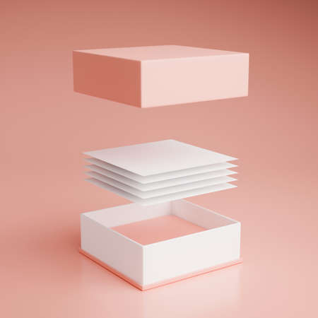 A pink pastel box with a name cards or business cards on pink background. 3d rendering, 3d illustrationの写真素材