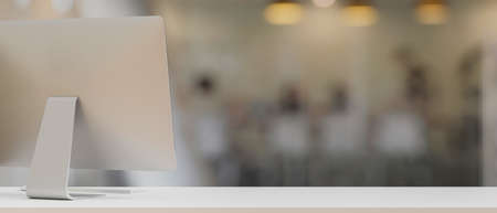 Modern workspace with desktop computer and copy space on white table at the office. A computer with blurred office background. 3d rendering, 3d illustrationの写真素材