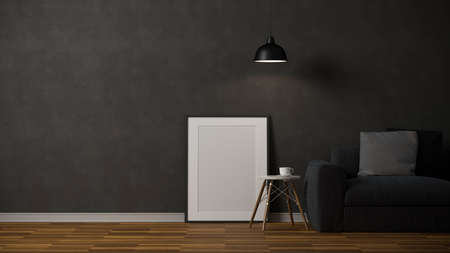 Modern loft living room interior with dark couch, side table, copy space and blank poster frame mockup on parquet floor. 3d rendering, 3d illustrationの写真素材