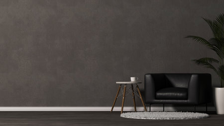 Modern hipster loft living room interior design with leather sofa, minimal side table, house plant, comfy carpet and copy space. 3d rendering, 3d illustrationの写真素材