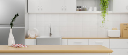 Wooden kitchen countertop with napkin, vase and copy space for product display over blurred cooking area in the kitchen on background. 3d rendering, 3d illustrationの写真素材