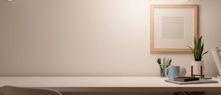 Copy space on modern study table or worktable with blank frame mockup on white wall. workspace, workplace, desk. 3d rendering, 3d illustrationの写真素材