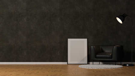 Modern dark loft living room with black leather armchair on a comfy carpet and blank picture frame mockup on parquet floor. 3d rendering, 3d illustrationの写真素材