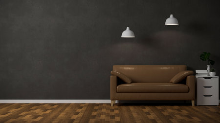 Modern dark classic living room interior with brown leather sofa, drawers, lamp and copy space on parquet floor. black and brown interior. 3d rendering, 3d illustrationの写真素材