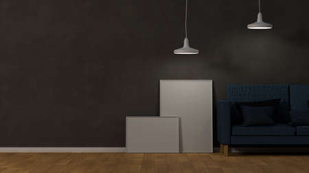 Modern classic loft and dark living room interior design with blank poster frame mockup, couch and...