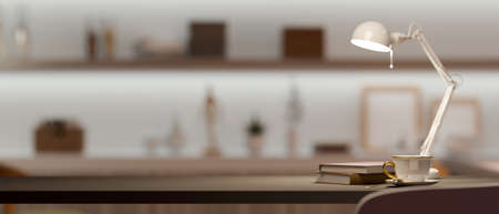 Modern home office interior with a copy space on a working desk over stylish interior shelves in the background. 3d rendering, 3d illustrationの写真素材