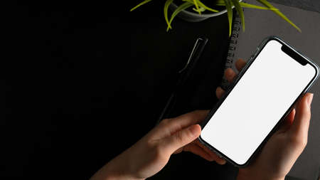 Female hands holding modern smart mobile phone blank screen mockup on dark working desk. top viewの写真素材