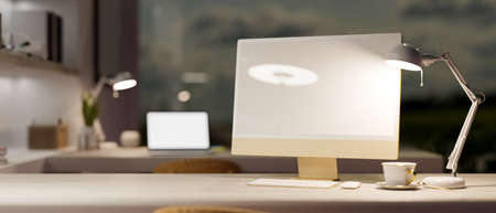 Office studio concept. Desktop computer blank screen mockup on a desk in office workstation. 3d rendering, 3d illustrationの写真素材